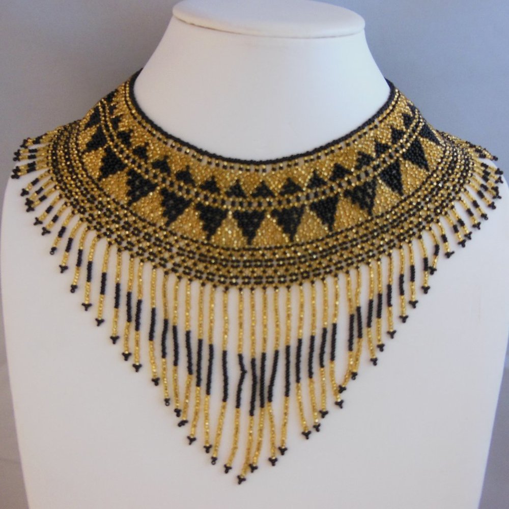 Handmade Huichol Chaquira Abstract Necklace Colors Gold/Black Brand New